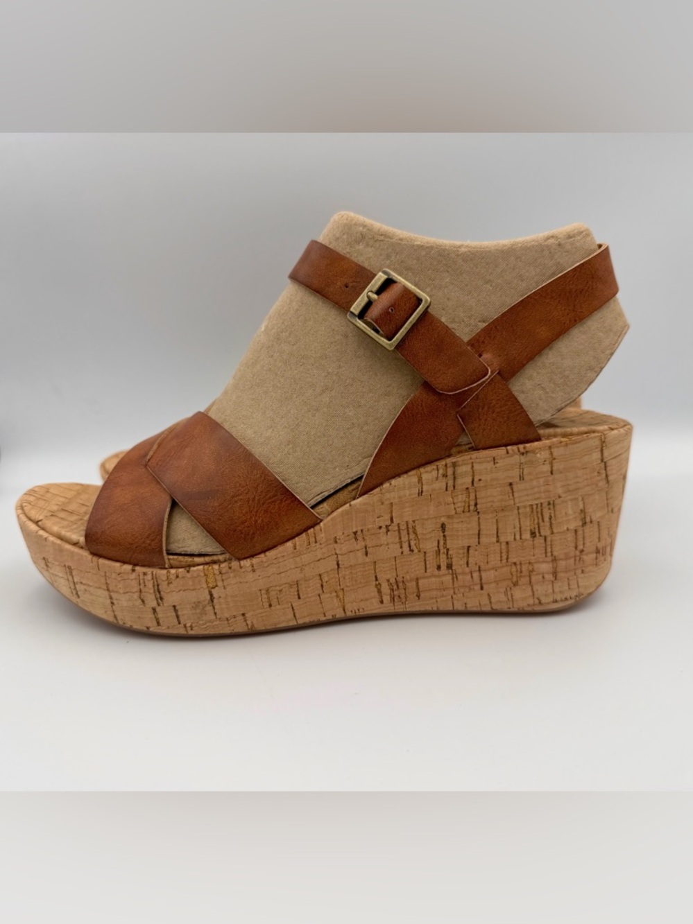 Korks Brown Leather & Beige Suede Cork Wedge Sandals
